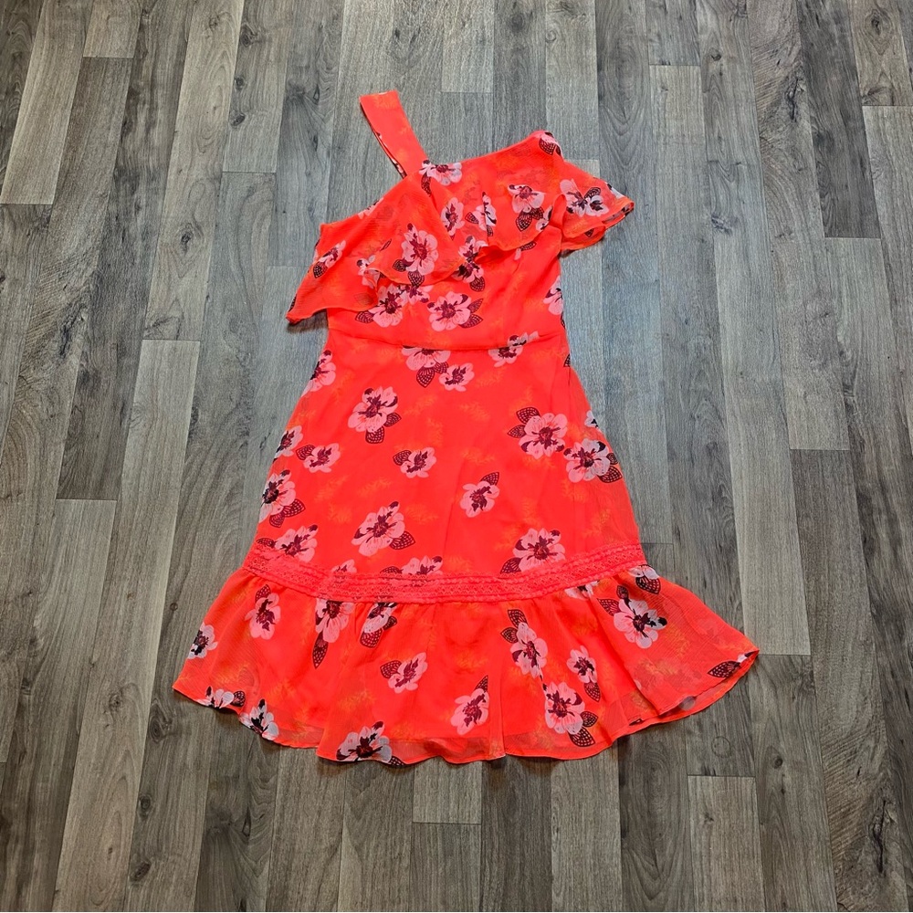NWT Express Hot Coral Floral Ruffle Asymmetric Top Dress Size 0